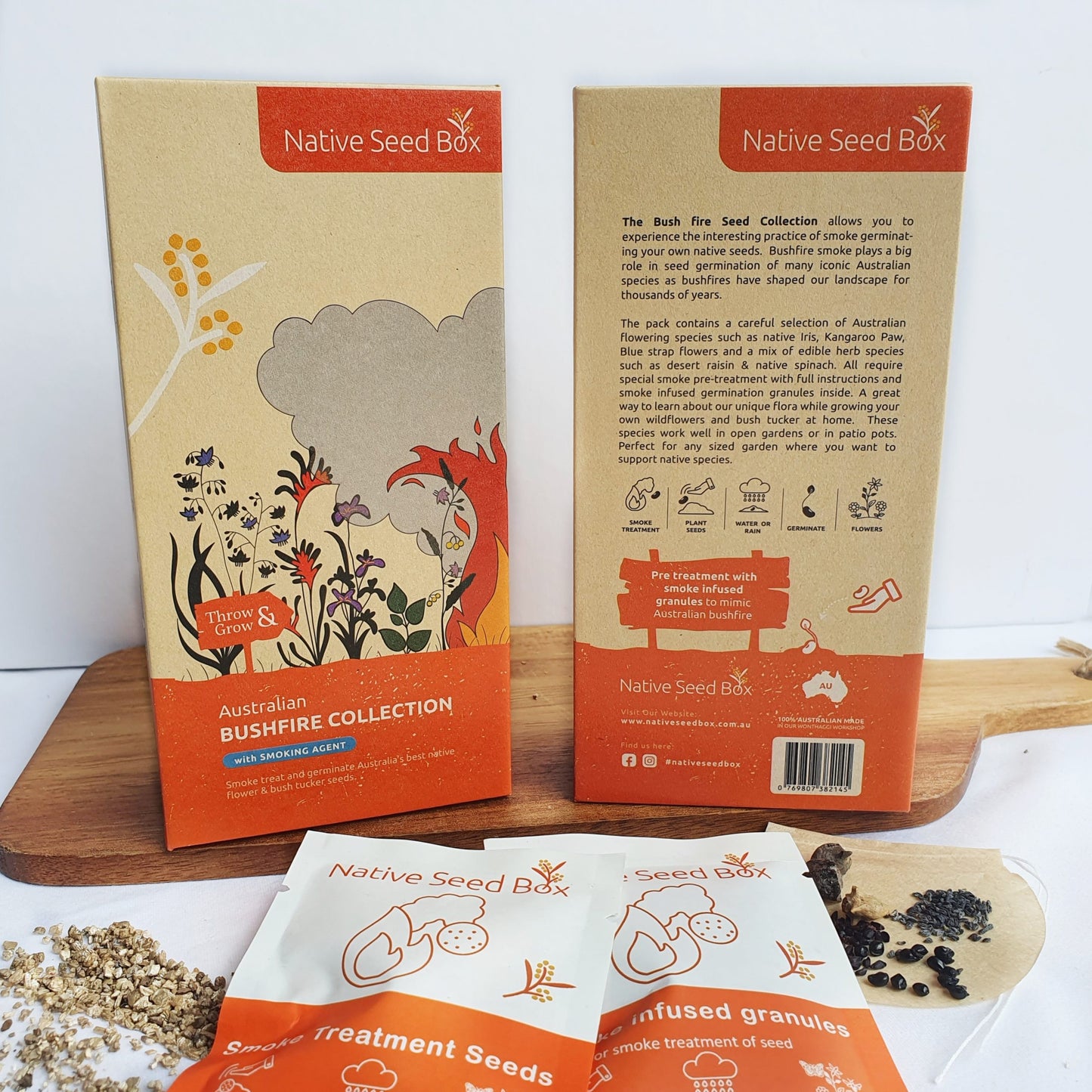 Native Seed Box packaging for the Australian Bushfire Collection with Smoke Agent - perfect for sustainable gardening, promoting native plant growth, and enhancing biodiversity with bushfire-resilient species
