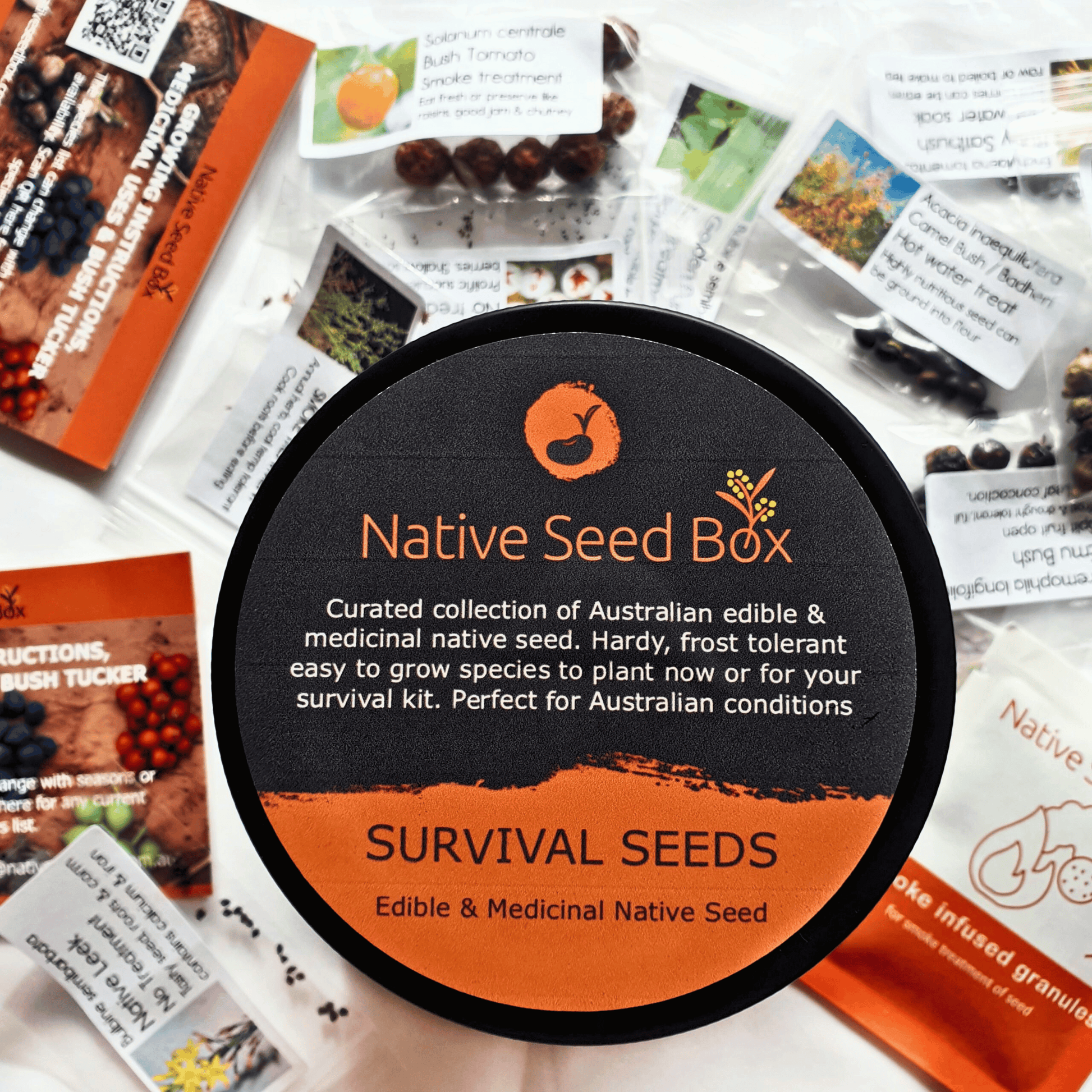 Native Seed Box Survival Seeds tin containing a curated collection of Australian edible and medicinal native seeds - perfect for sustainable gardening, promoting biodiversity, and growing hardy, frost-tolerant plants for your survival kit.