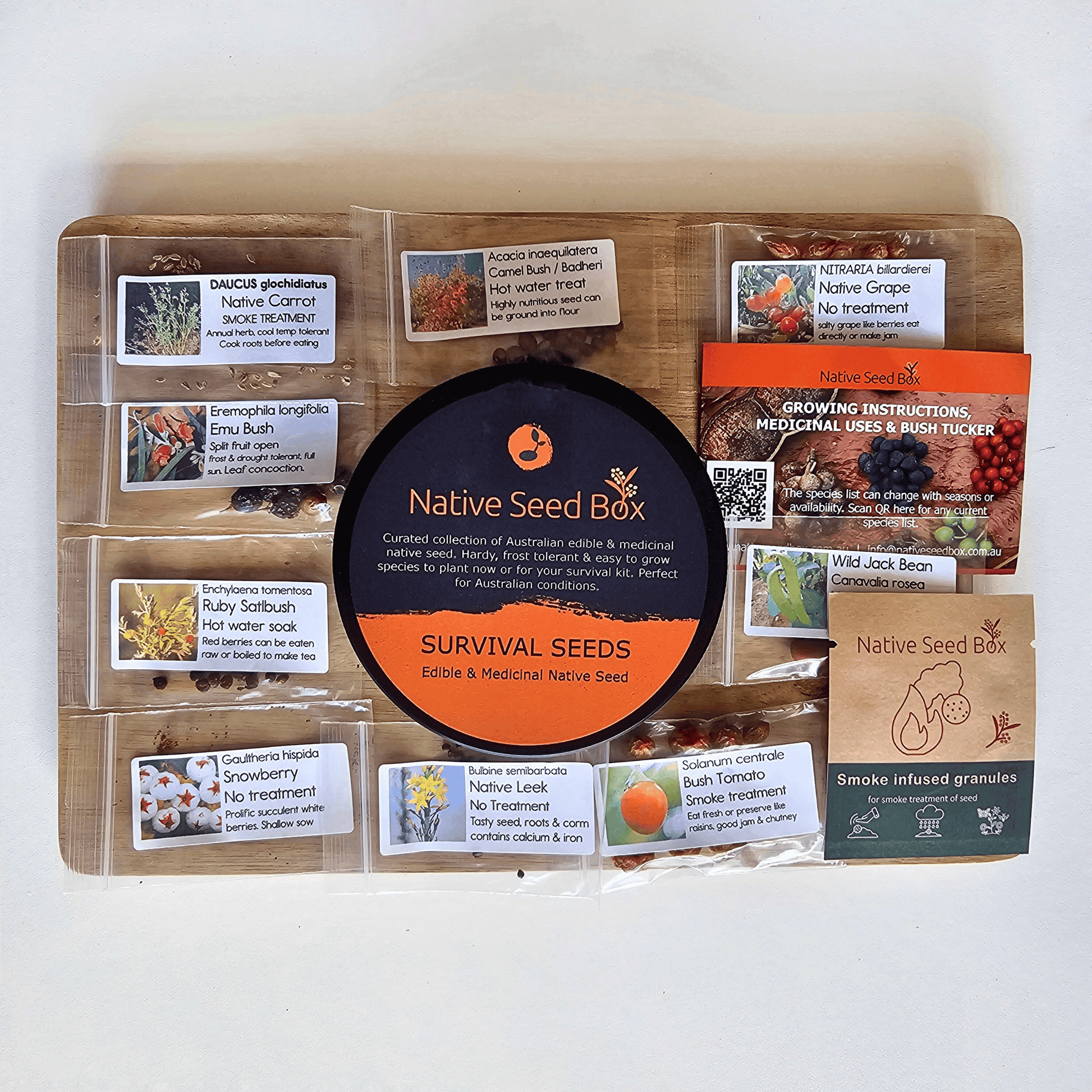 Contents of Native Seed Box Survival Seeds including various edible and medicinal native seeds with labels and growing instructions - ideal for eco-friendly gardening, promoting native plant growth, and supporting self-sufficiency with hardy, frost-tolerant species.