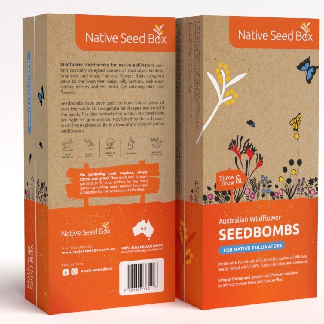 Native Seed Box Australian Wildflower Seedbombs packaging for native pollinators - ideal for sustainable home gardening and enhancing biodiversity in your garden with vibrant native plants