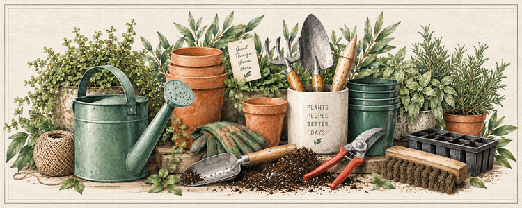 Four eco-friendly brown pots, a mini trowel, a mini rake, and lush green seedlings are elegantly arranged on white—perfect for wildlife gardens, these beautiful plants add life and support pollinators.