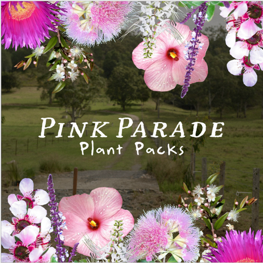 A rural field view with wooden posts features the “Pink Parade Plant Pack” text overlaid. Vibrant Australian native hibiscus and unique pink and white blooms with variegated foliage frame the image—perfect for wildlife gardens—set against lush trees and grass.