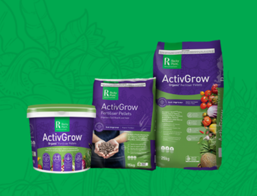 Active grow fertiliser pellet range. 6kg bucket, 15kg bag and 25kg bag on green background 